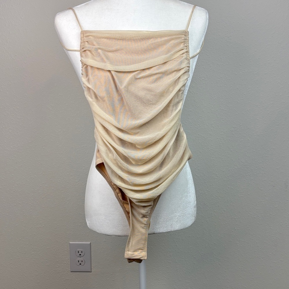 SHEIN sheer cream mesh / solid cream ruched draped thong bodysuit strappy back